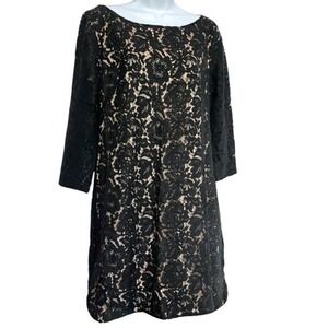 Vince Camuto Lace‎ Dress Womens 12 Black Floral Cocktail Party Sheer Sleeve